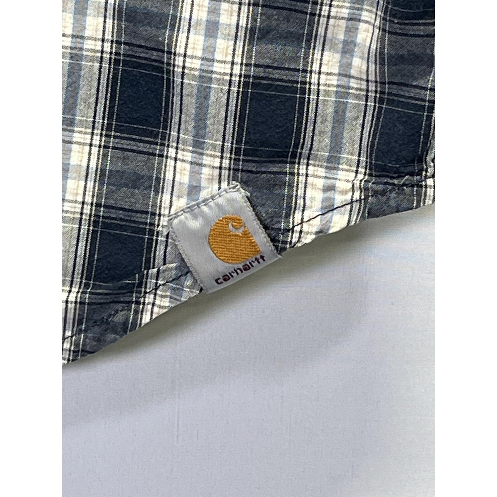 Carhartt Navy Blue White Men's Plaid Button Down Short Sleeve Cotton Shirt XL - Picture 5 of 10